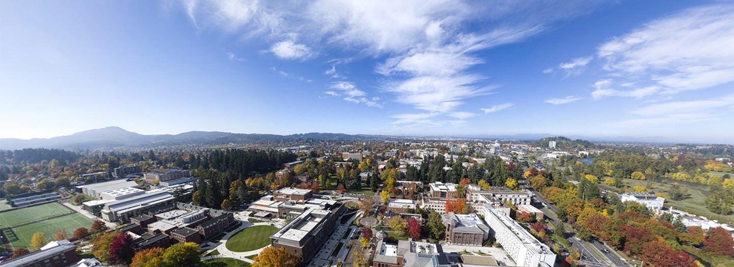 Wide angle view of the UO campus from above.