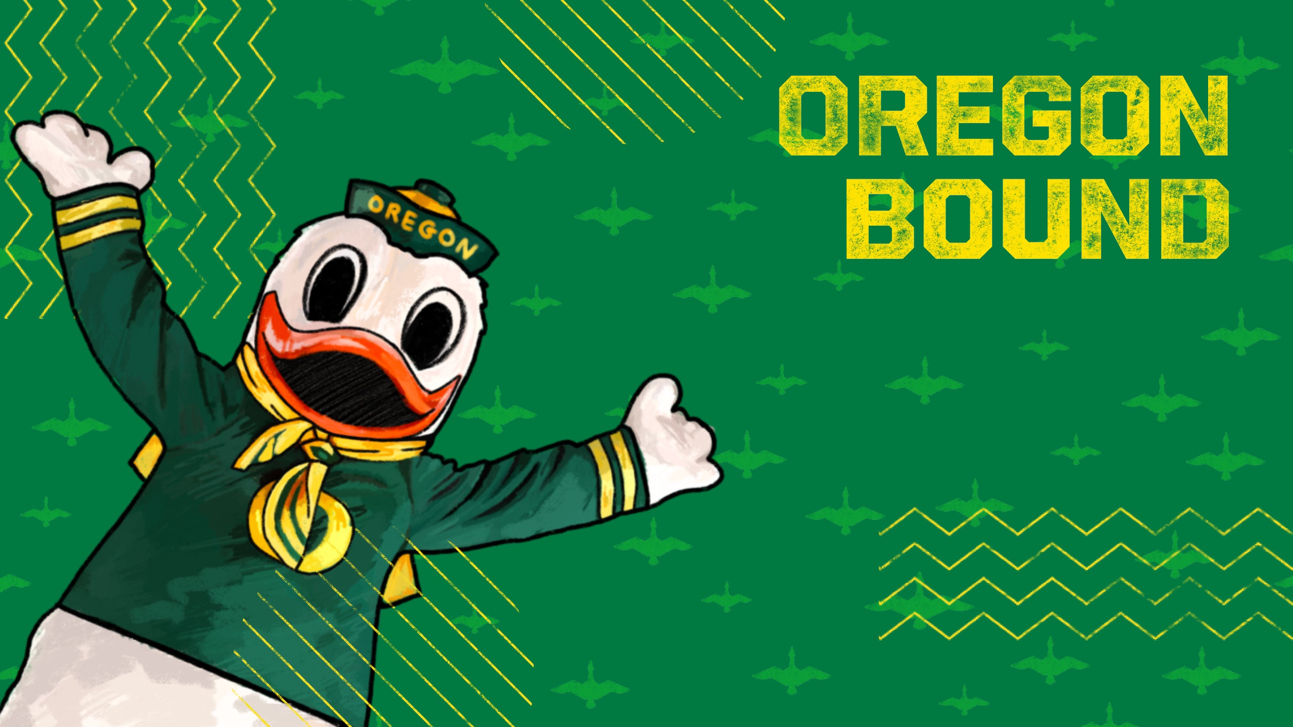 Drawing of the UO Duck mascot on a green background with the words "Oregon Bound" in the upper-right corner