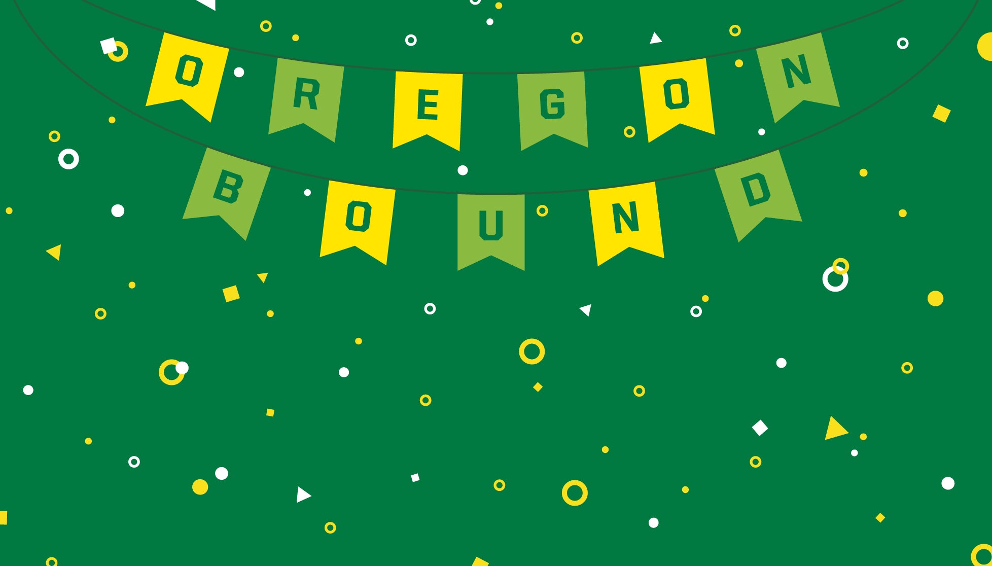 Oregon Bound as flag letters over a green background with random geometric shapes in yellow and white