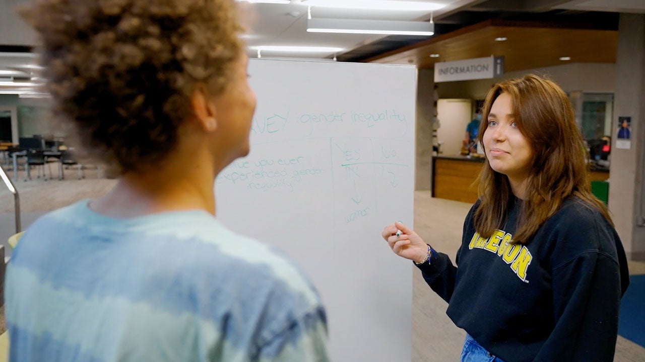 Photo of students writing on white board